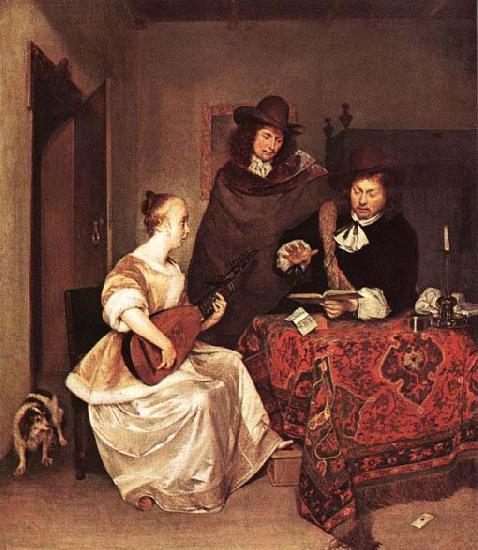 TERBORCH, Gerard A Young Woman Playing a Theorbo to Two Men Spain oil painting art